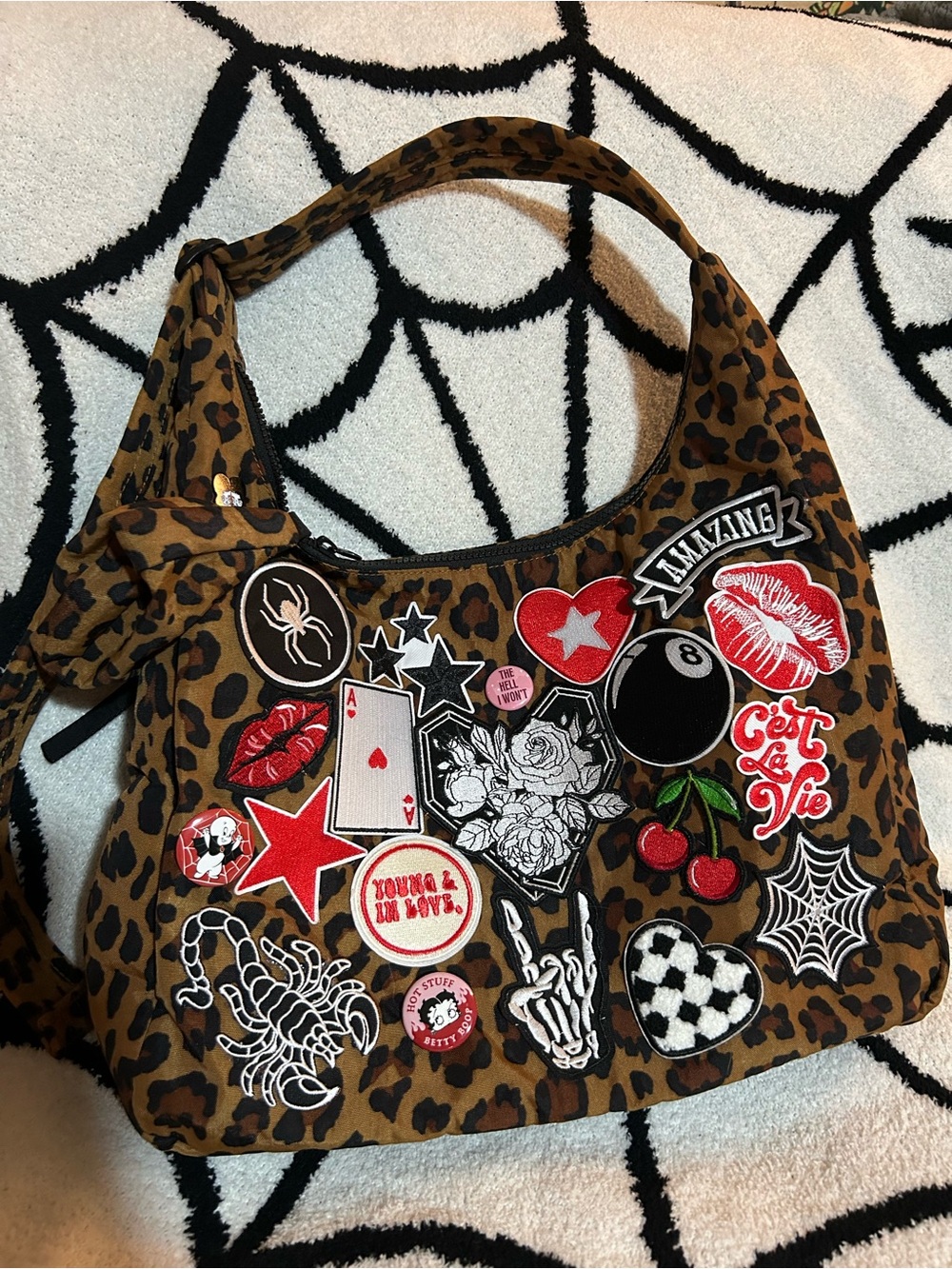 Baggu leopard bag with patches & pins